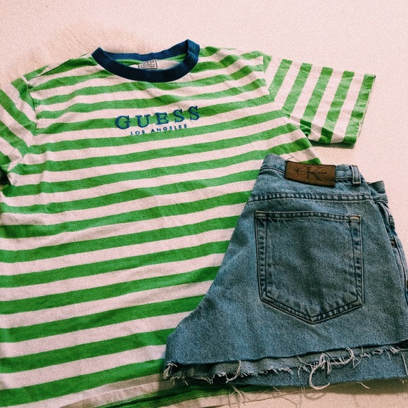 Guess Tops - Vintage 90s Style Guess Green Striped T-shirt